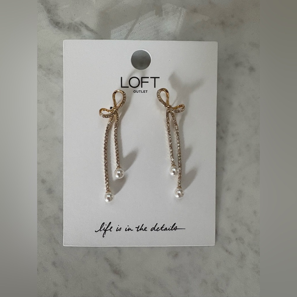 LOFT Outlet Rhinestone Gold Bow Earrings with Pearl Drops